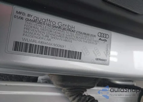 2006 Audi S4 z USA, uszkodzony, nr VIN WUARL48H46K900691